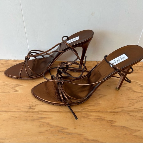 MaxMara Strappy Heeled Leather Sandals in Bronze 38 1/2 or 8.5  Ankle Wrap Ties - Picture 1 of 6